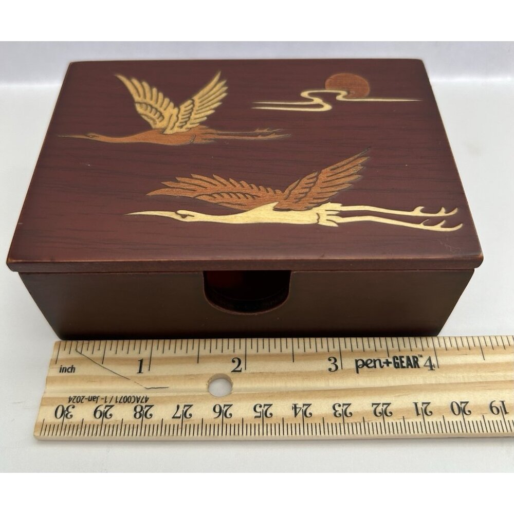 Vintage Wooden Keepsake Box Inlaid Cranes Playing Cards Trinkets Jewelry 4" x 3" - Picture 6 of 8